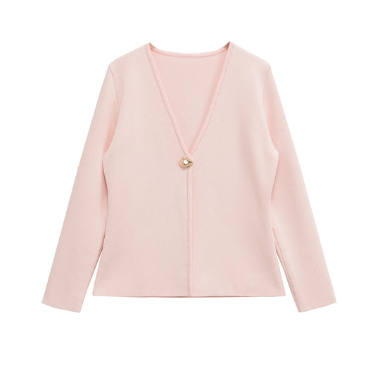 Damen Feiner V‑Ausschnitt-Cardigan mit Schmuckknopf und kastiger Silhouette Nord Taschen