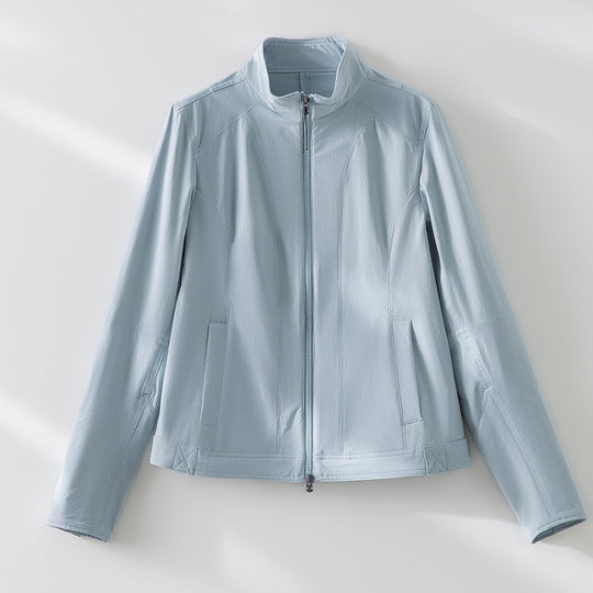 Damen schlichte taillierte Lederjacke mit Stehkragen und Zwei-Wege-Reißverschluss Nord Taschen