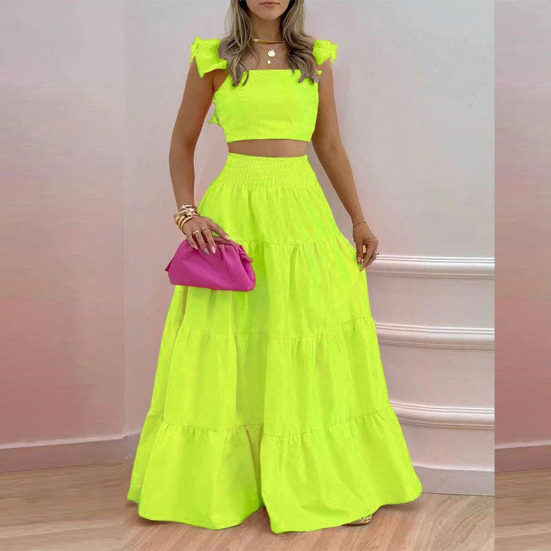 Damen Maxikleid mit voluminösem Rock und Rüschendetails