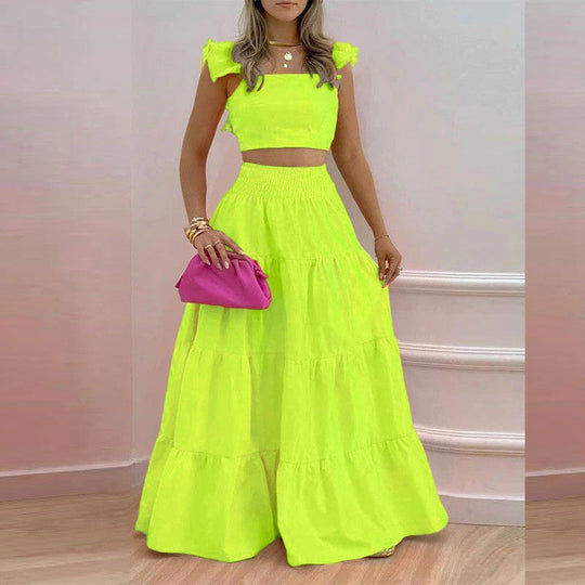 Damen Maxikleid mit voluminösem Rock und Rüschendetails