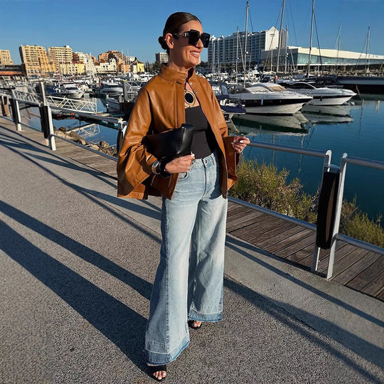 Damen Cape-Ärmige Lederjacke mit Stehkragen Nord Taschen