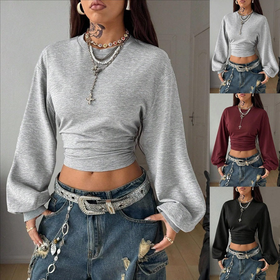 Damen Cropped Sweatshirt mit Taillenraffung und weiten Raglanärmeln Nord Taschen
