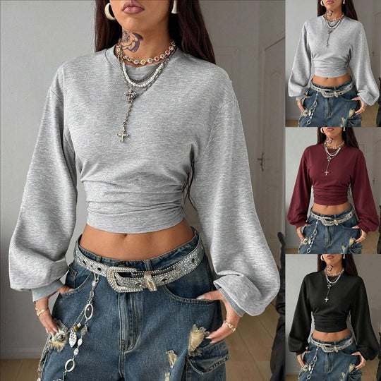 Damen Cropped Sweatshirt mit Taillenraffung und weiten Raglanärmeln Nord Taschen