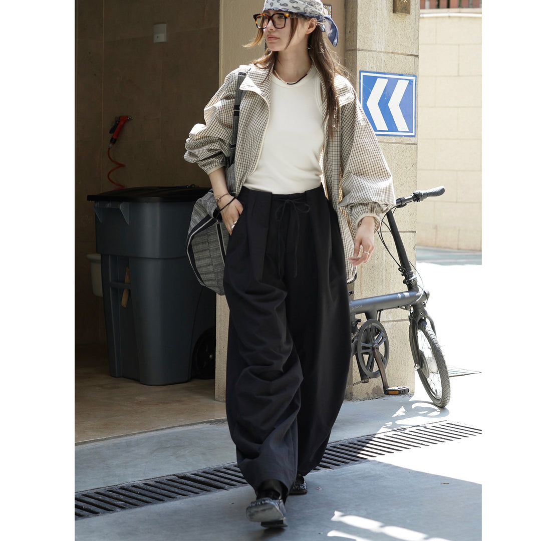 Damen Voluminöse Palazzo-Baggy-Hose mit Tunnelzugbund und drapierten Bundfalten Nord Taschen