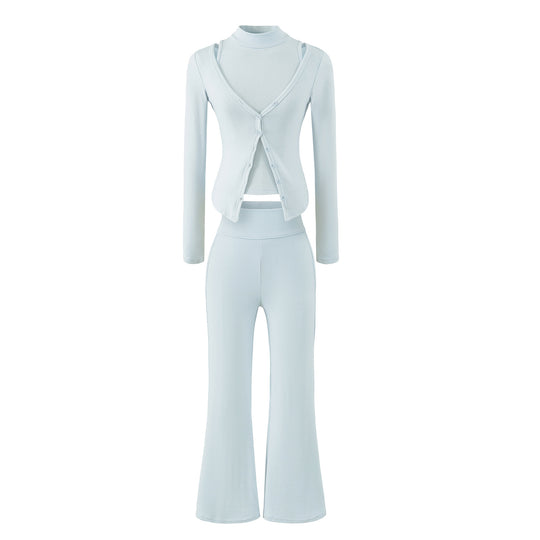 Damen Figurbetontes Layering-Set mit Rollkragen-Longsleeve und asymmetrischer Knopfjacke und ausgestellter High-Waist Hose Nord Taschen