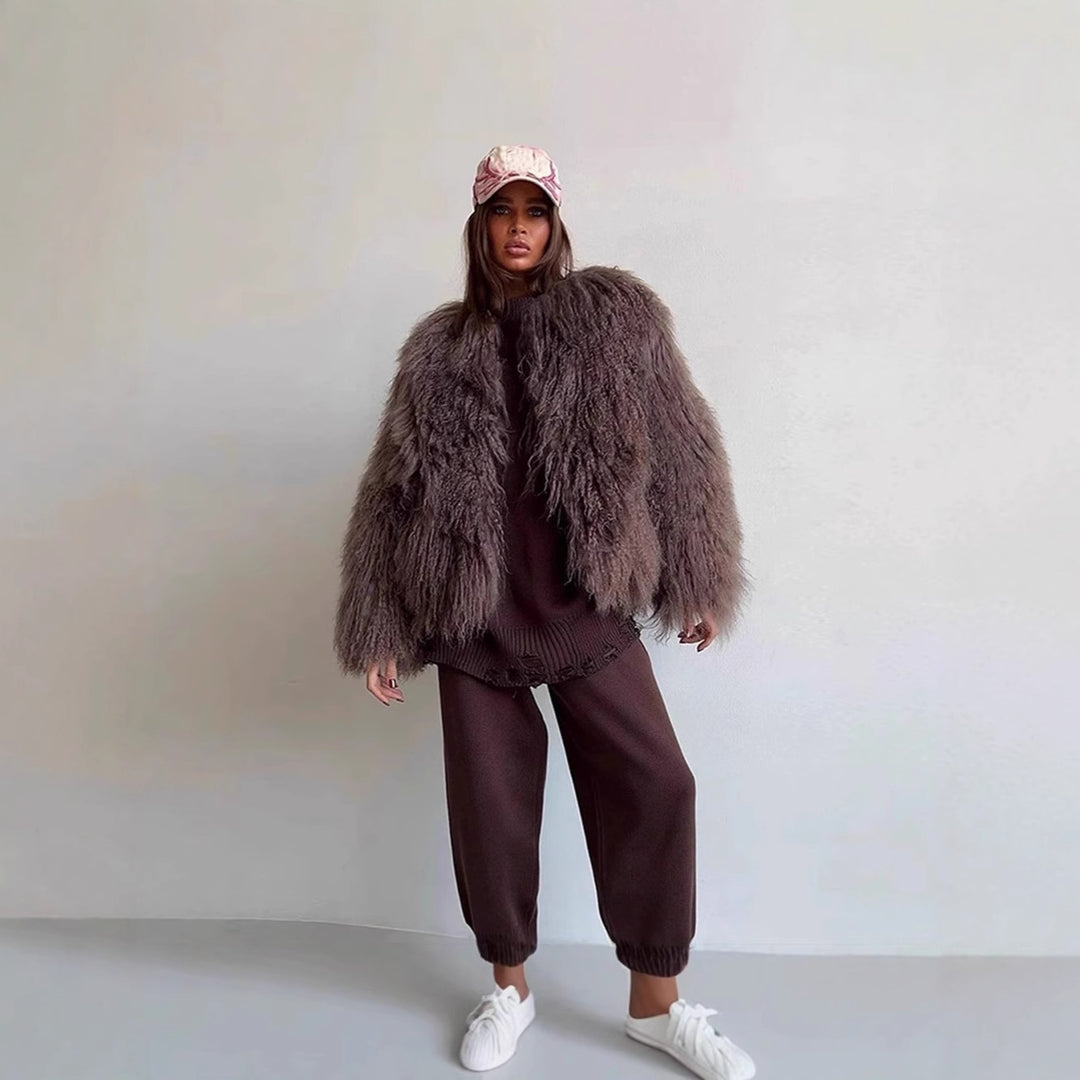 Damen kurze Kunstpelzjacke im Tibetan-Look mit extralangem Flor und Boxy-Schnitt Nord Taschen