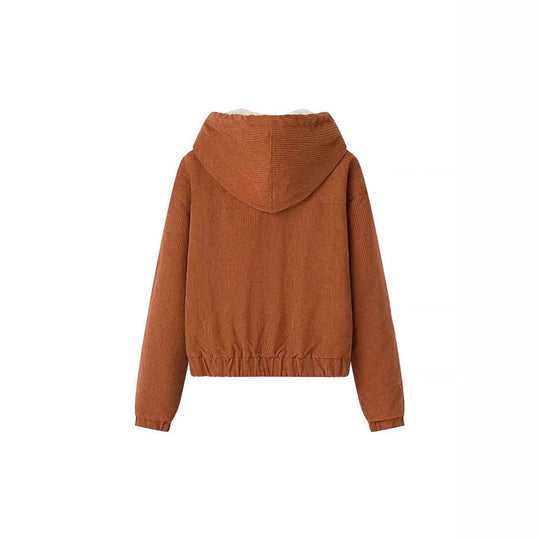 Damen Kurz geschnittene Cordjacke mit Kapuze, Teddyfutter und durchgehendem Reißverschluss Nord Taschen