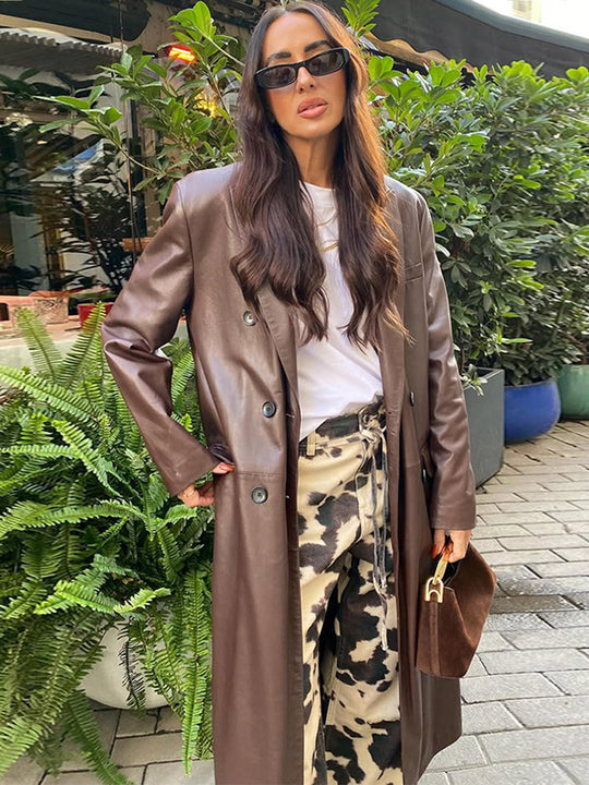 Damen langer Lederimitatmantel mit doppelreihiger Knopfleiste und Oversize-Schnitt Nord Taschen