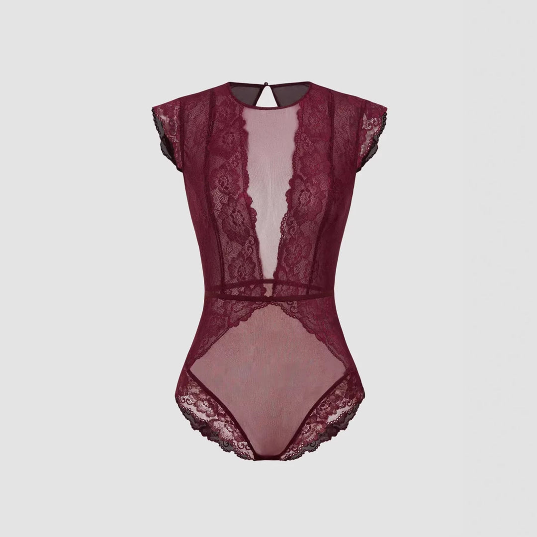 Damen Elegantes Spitzenbody mit tiefem V-Ausschnitt und zarten Rüschendetails