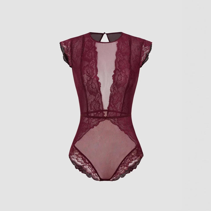 Damen Elegantes Spitzenbody mit tiefem V-Ausschnitt und zarten Rüschendetails