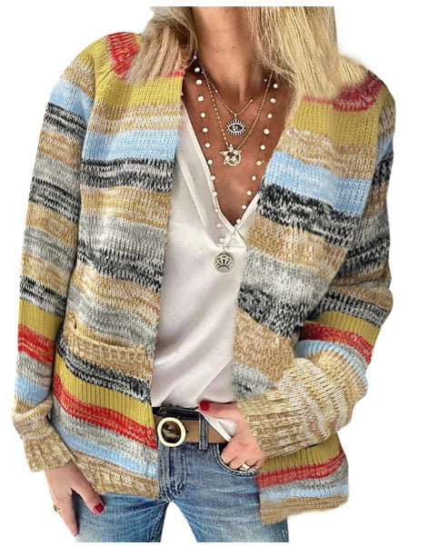Damen Mehrfarbiger Strickcardigan mit offener Front, legerem Oversize-Schnitt und feinem Rippbündchen Nord Taschen