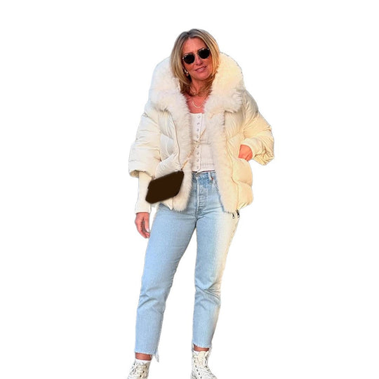 Damen Kurze gesteppte Daunenjacke mit voluminösem Kunstfell-Schalkragen und taillierendem Schnitt Nord Taschen