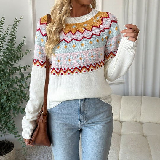 Damen Fair‑Isle Strickpullover mit Rundhals, Langarm & Relaxed‑Fit Nord Taschen