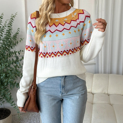 Damen Fair‑Isle Strickpullover mit Rundhals, Langarm & Relaxed‑Fit Nord Taschen