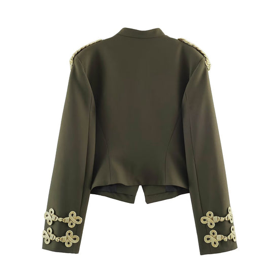 Damen Kurzer Militärblazer mit Stehkragen, goldverzierten Epauletten und dekorativen Knoten Nord Taschen
