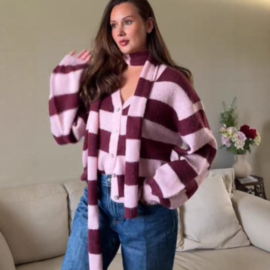 Damen Oversize Strickcardigan-Set mit Blockstreifen, Knopfleiste und passendem Schal Nord Taschen