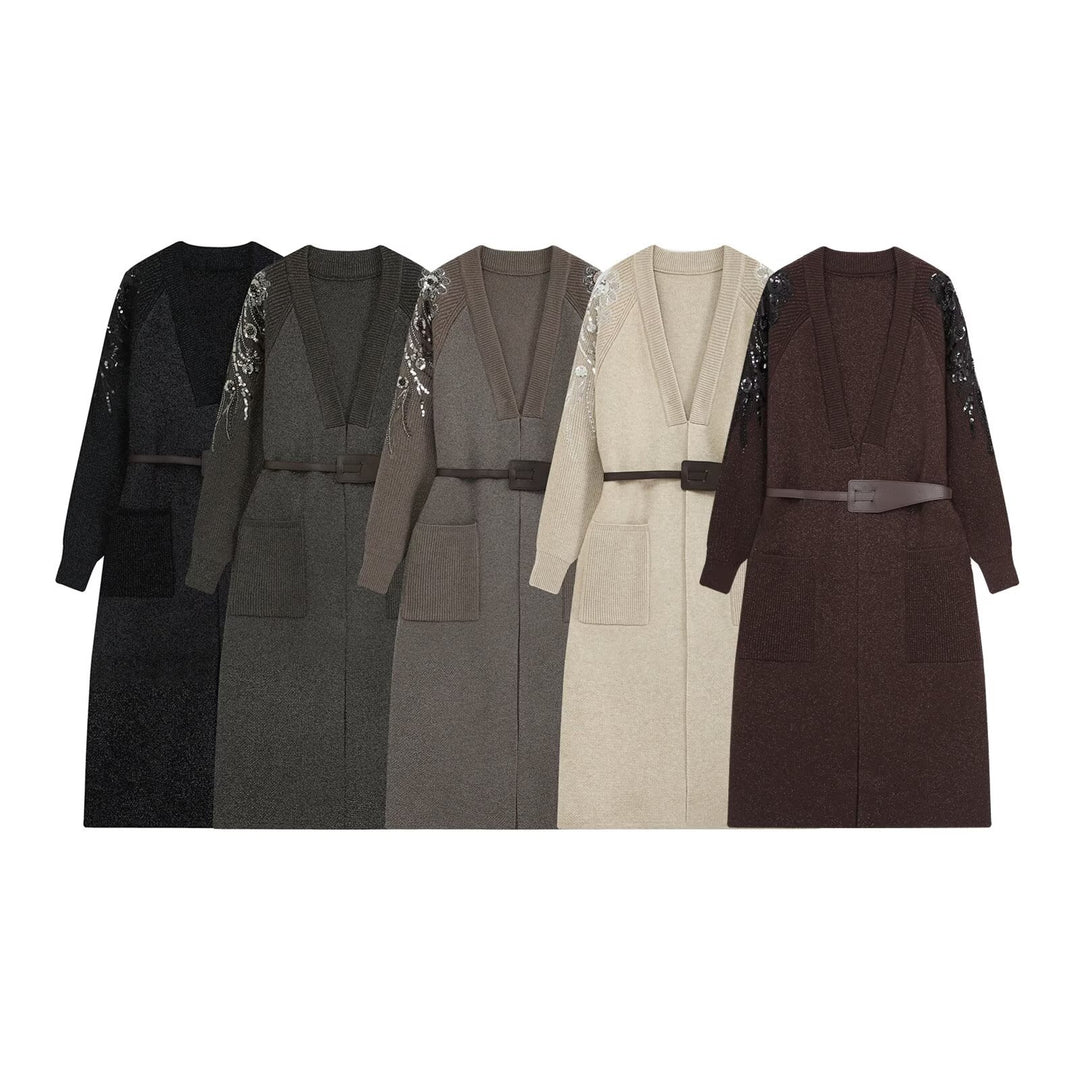 Damen Strick-Midikleid mit tiefem V-Ausschnitt, Taillengürtel und paillettenverzierten Ärmeln Nord Taschen