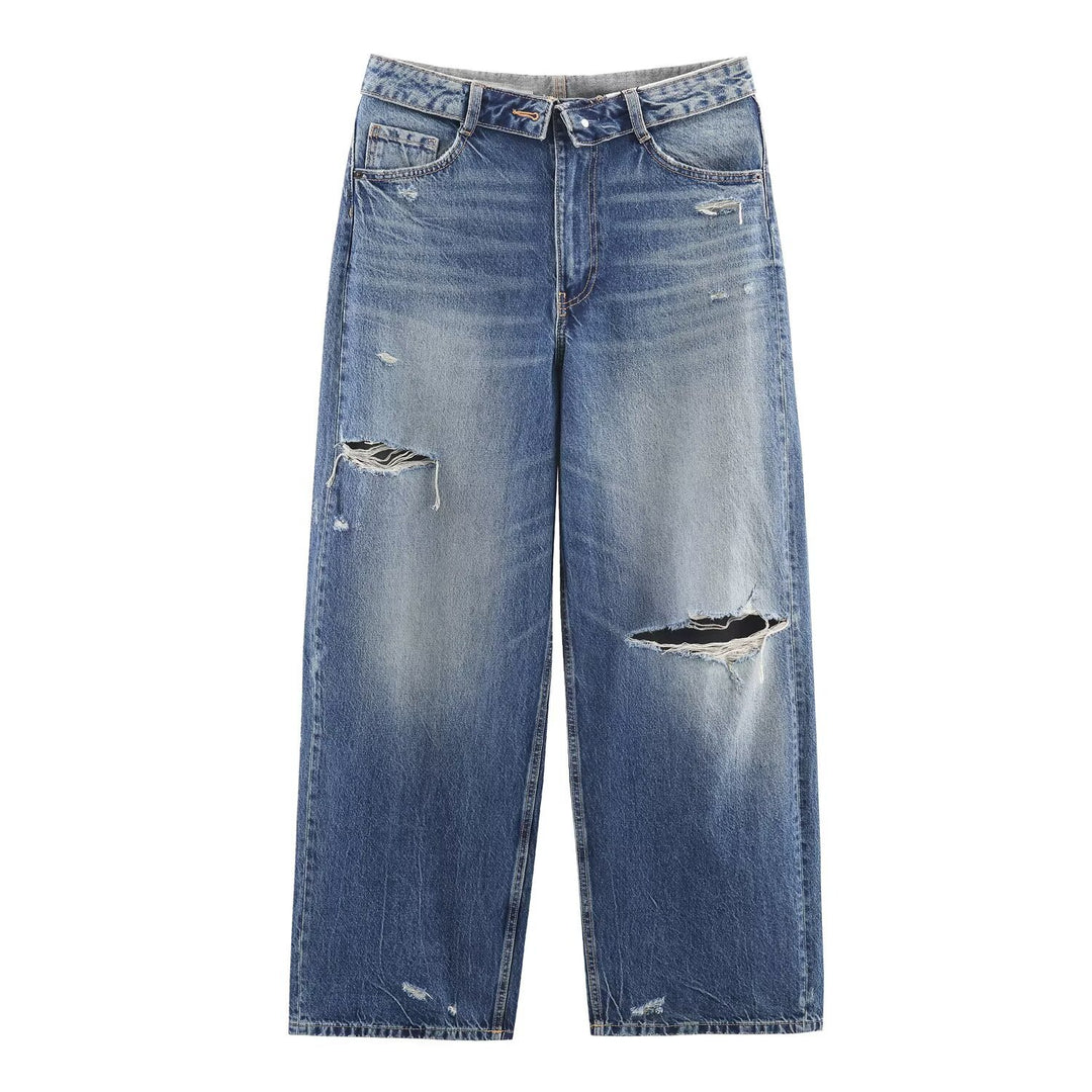 Damen Weite Destroyed-Jeans mit hoher Taille und geradem Bein Nord Taschen
