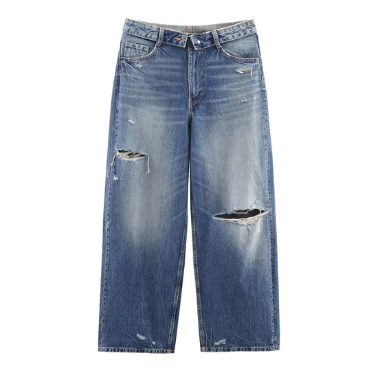 Damen Weite Destroyed-Jeans mit hoher Taille und geradem Bein Nord Taschen