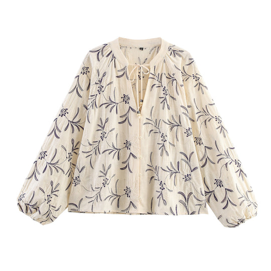 Damen Bestickte Boho-Bluse mit Bindebandkragen und Ballonärmeln Nord Taschen