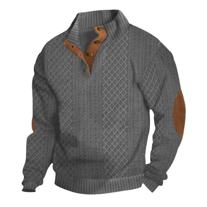 Herren Strukturierter Aran-Strickpullover mit halbem Knopfleistenkragen und Leder-Ellbogenpatches Nord Taschen