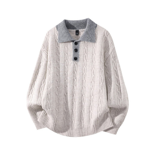 Herren Oversize Zopfmuster-Polo-Strickpullover mit Kontrastkragen und Dreiknopfleiste Nord Taschen
