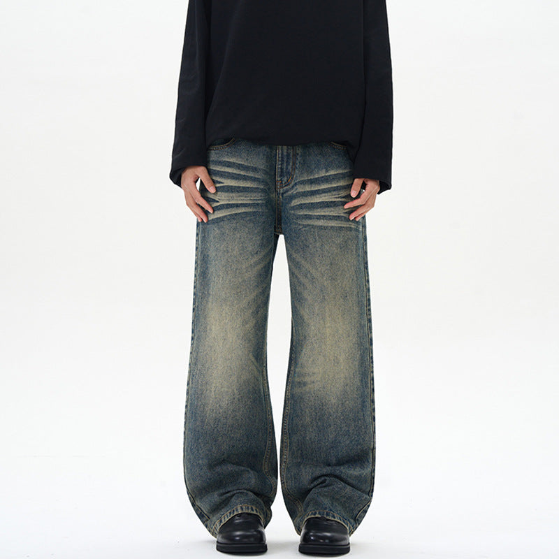 Herren Weite Denim-Jeans im Vintage-Whisker-Look mit horizontalen Falten und bodenlangem Saum Nord Taschen