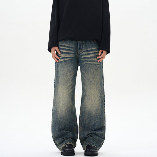 Herren Weite Denim-Jeans im Vintage-Whisker-Look mit horizontalen Falten und bodenlangem Saum Nord Taschen