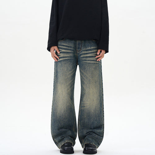 Herren Weite Denim-Jeans im Vintage-Whisker-Look mit horizontalen Falten und bodenlangem Saum Nord Taschen