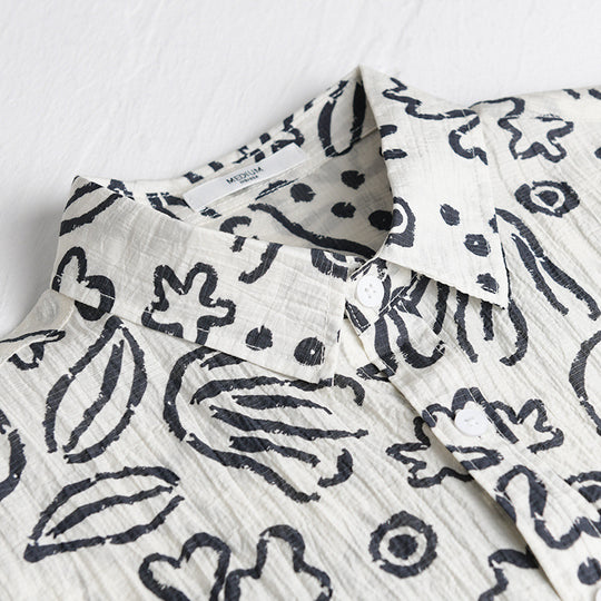 Herren Lockeres Crinkle-Hemd mit handgezeichnetem Blumenprint und Brusttasche Nord Taschen