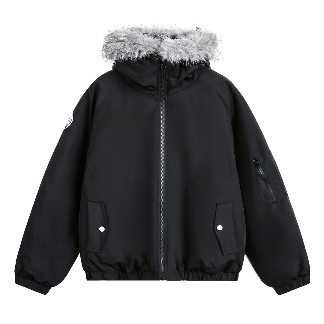 Damen Wattierte Bomberjacke mit Kapuze, Kunstfellkragen und elastischem Saum Nord Taschen