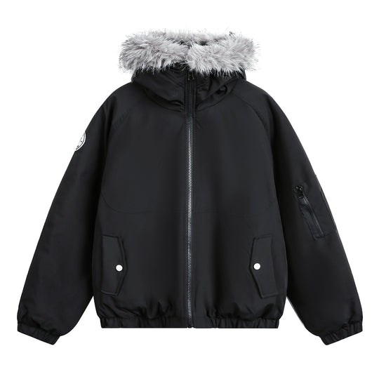 Damen Wattierte Bomberjacke mit Kapuze, Kunstfellkragen und elastischem Saum Nord Taschen