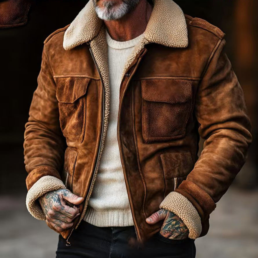 Herren Fliegerjacke aus Veloursleder mit Teddyfutter und aufgesetzten Pattentaschen Nord Taschen
