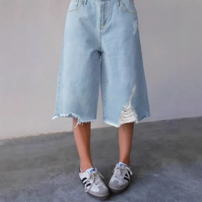 Damen Weite Denim-Culotte mit hohem Bund, Distressed-Details und rohem Saum Nord Taschen