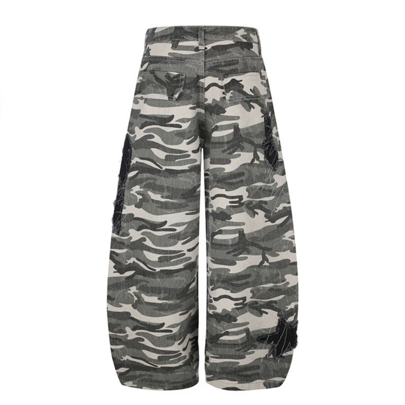 Damen Weite Camouflage‑Palazzo‑Hose mit Ballon‑Saum und dekorativen Stickdetails Nord Taschen