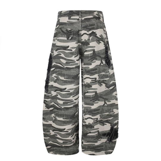 Damen Weite Camouflage‑Palazzo‑Hose mit Ballon‑Saum und dekorativen Stickdetails Nord Taschen