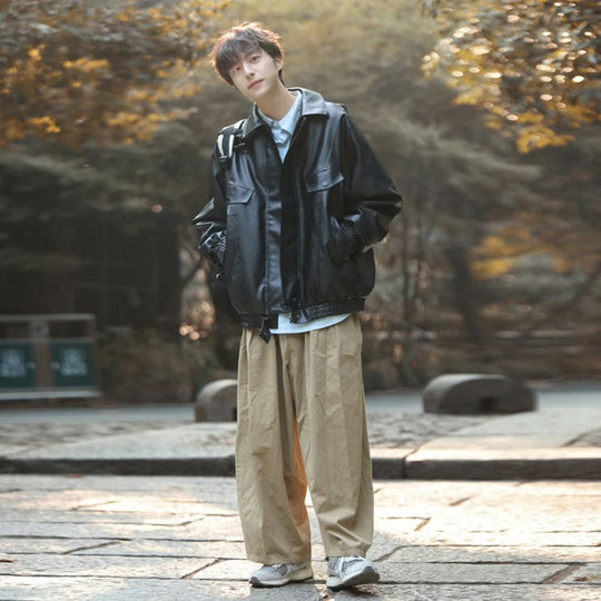 Herren Oversized Kunstleder Bomberjacke mit Pattentaschen Nord Taschen