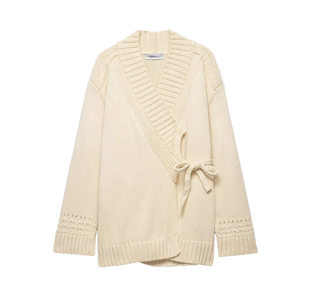 Damen Wickel-Strickcardigan mit Schalkragen und Bindegürtel Nord Taschen