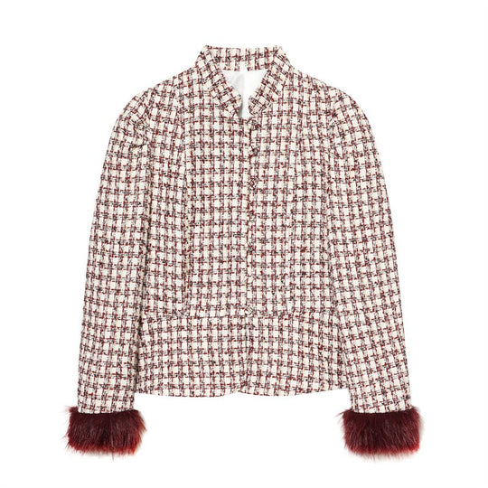 Damen Kurzblazer aus Bouclé‑Tweed mit Stehkragen und Kunstfellmanschetten Nord Taschen