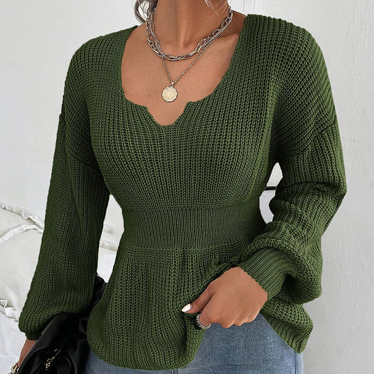 Damen Taillierter Feinstrickpullover mit eingekerbtem V-Ausschnitt, taillenbetonter Rippzone und Ballonärmeln Nord Taschen