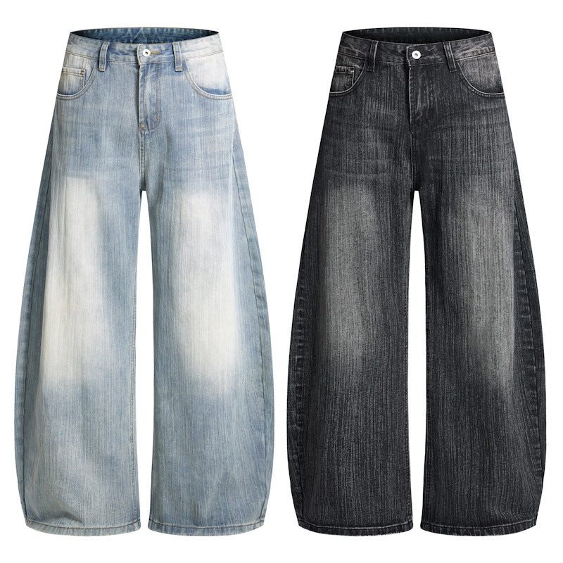 Herren Weite Vintage-inspirierte Denim‑Palazzohose mit verlängerter Saumlage und soften Bleach‑Effekten Nord Taschen