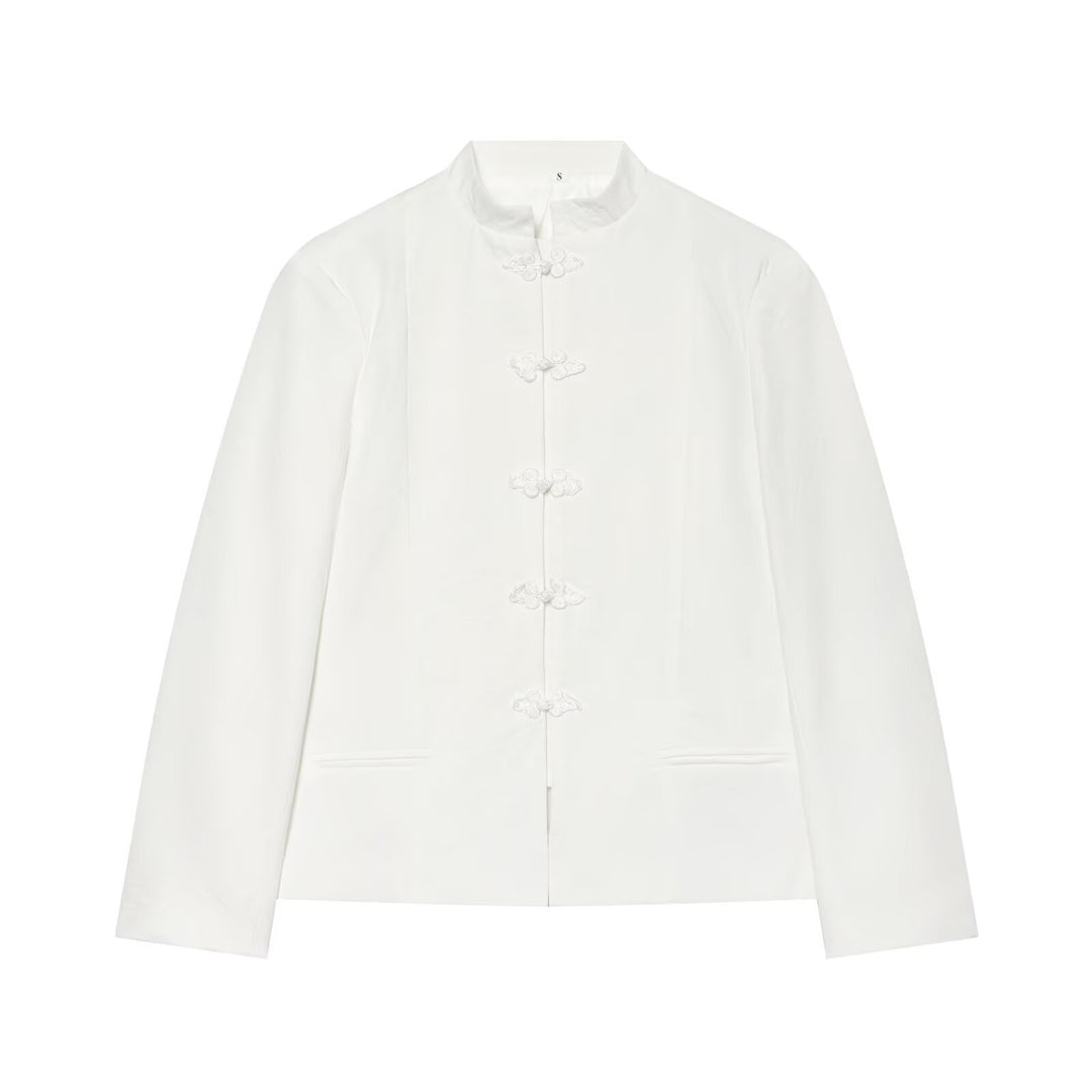 Damen Kurzjacke im Mandarin-Stil mit chinesischen Knotenverschlüssen und geradem Schnitt Nord Taschen