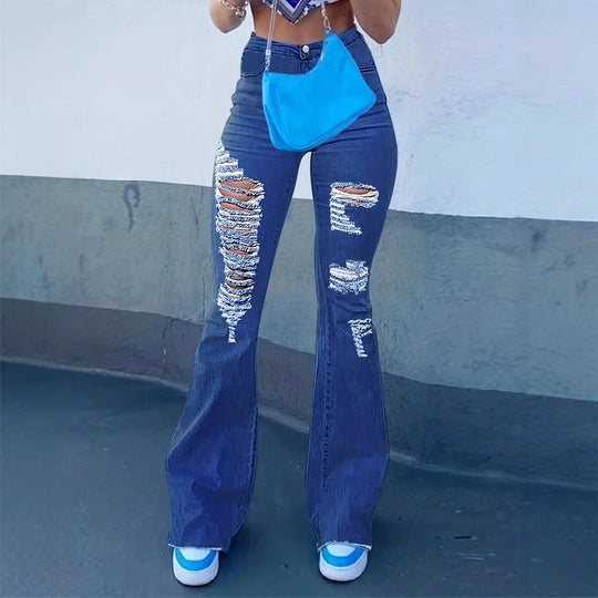 Damen High-Waist Flared-Jeans mit großflächigen Distressed-Rissen und sculptendem Komfortbund Nord Taschen
