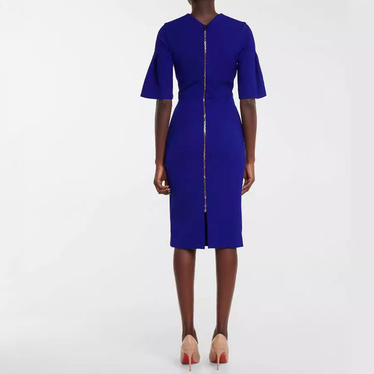 Damen Figurbetontes Midikleid mit Trompetenärmeln und Rundhalsausschnitt Nord Taschen