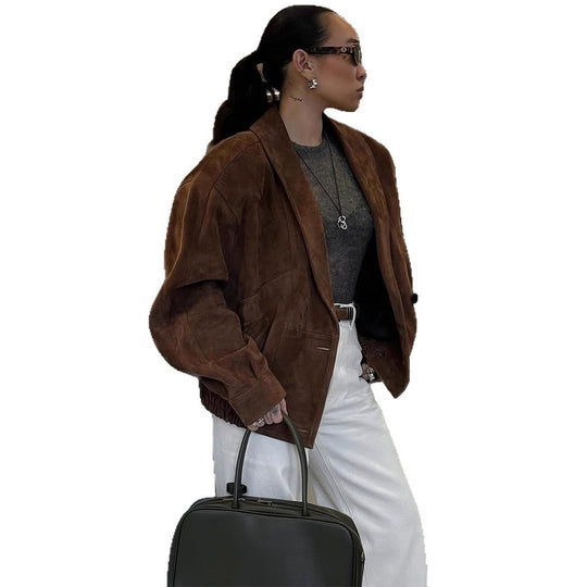 Damen Kurze Veloursleder‑Boxyjacke mit kimonoähnlichem Revers Nord Taschen