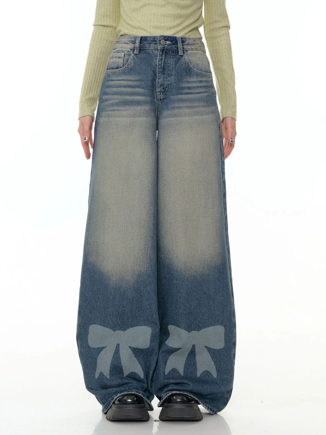 Damen hochtaillierte Palazzohose aus Denim mit extra weitem Bein und Schleifenprint Nord Taschen