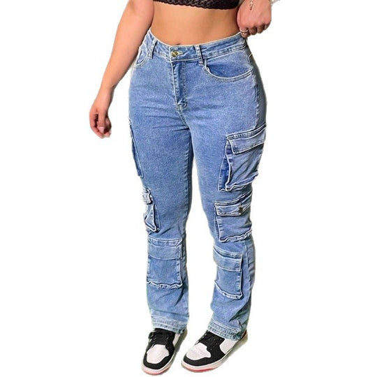 Damen Cargo-Denimhose mit Mehrfach-Pattentaschen, Kniepaneelen und taillenhoher Passform Nord Taschen