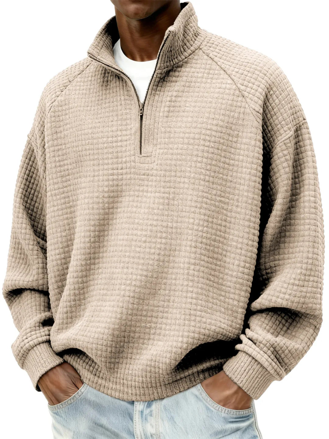 Herren Waffelstrick-Oversize-Pullover mit Halbreißverschluss und Stehkragen Nord Taschen
