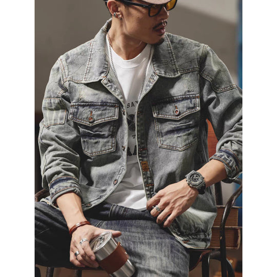 Herren Denim-Jeansjacke im Used-Look mit Hemdkragen, aufgesetzten Brusttaschen und legerer Passform Nord Taschen