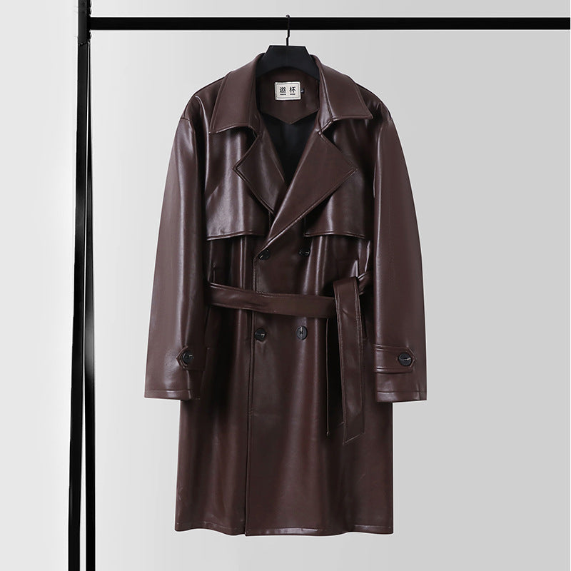Herren Lederimitat-Trenchcoat mit Doppelreiher, Oversize-Schnitt und Manschettenriegel Nord Taschen